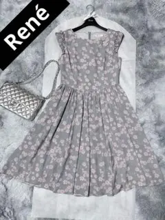 【極美品】René フラワープリント パール付きフリル 膝丈ワンピース 38