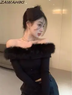 ファーオフショルリブニットトップス