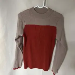 リブ編み長袖セーター ベージュとオレンジのバイカラー