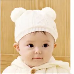 ニット 帽子 ミキハウス 毛糸 ベビー　白　編み込み　温かい　耳付き　防寒対策