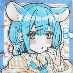 手描きイラスト豆色紙 青ネズミの女の子