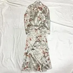 ガウン ルームウェア 花柄 ボタンレス ウエスト紐有 羽織 長袖 サテン1XL