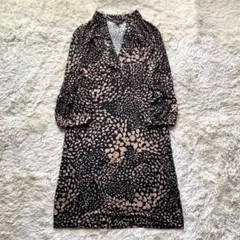 バナナリパブリック ワンピース 七部袖 ひざ丈 総柄 レオパード 黒 ベージュ