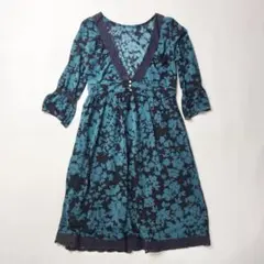 ATELIER CANBAS 青緑色花柄Vネックロングワンピース