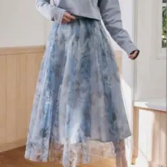Lantinam Flower Sheer Tulle Skirt ブルー
