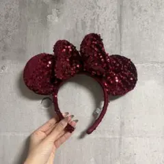 ワインレッド スパンコール ミッキー耳カチューシャ