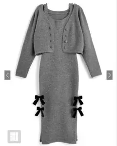 ニットワンピース　セットアップ　グレー　リボン　ワンピース　カーディガン　GRL