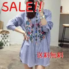 大人気 ZARA・ザラ系 花柄 刺繍シャツ Lサイズ◆