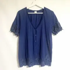 axes femme レース付きプリーツ半袖カーディガン　ネイビー　　M サイズのサムネイル