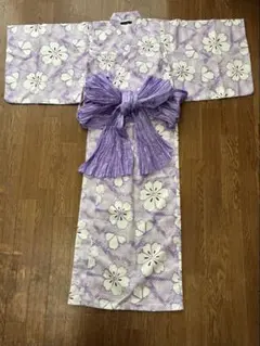 紫色の花柄 浴衣と帯セット　140cm
