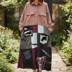 LL〜3L コーデュロイシャツ　デニムパッチワークワンピース古着リメイク