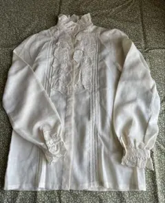レースブラウス　フリル　スタンド襟　オフホワイト　英国製36古着