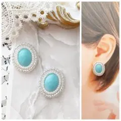 #64 爽やかブルー ビーズ刺繍 オーバル型 ピアス / イヤリング