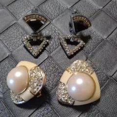 ヴィンテージイヤリング2点セット　昭和レトロ　パール　ラインストーン キラキラ