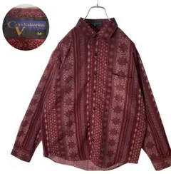 レトロ古着ボルドーカラーアンティーク調総柄ストライプデザイン テロテロ素材シャツ