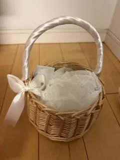 リングピロー用籐製バスケットカゴ(中身布レースクッション付き)