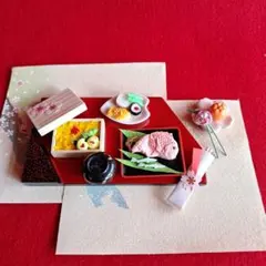 雛道具、雛飾り、ミニチュアお料理、木製塗台、お雛様、縮緬細工