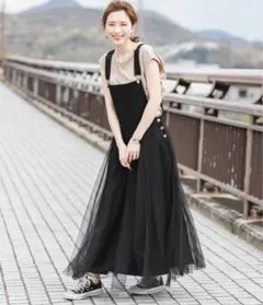 美品 La-gemme チュールドッキング デニムジャンパースカート ブラック