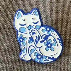 ピンバッジ　猫　花　ねこ　ブルー　ボタニカル　ネコ　ブローチ