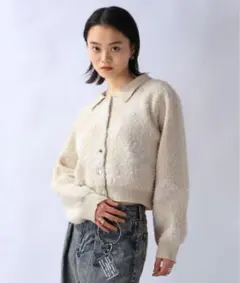 JEANASIS フラワージャガードショートカーディガン ホワイト ジーナシス