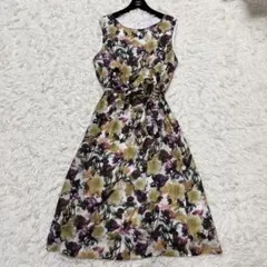 【美品】アンタイトル シルク花柄ベルトワンピース リボン Aライン ロング丈