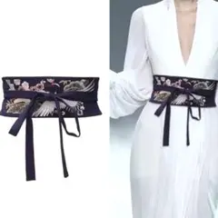 和風サッシュベルト　着物ベルト　ワンピースベルト　刺繍ベルト　鶴モチーフ　紺色