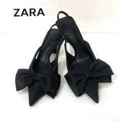 ZARA ザラ 黒サテン リボン付きミュール 23センチ