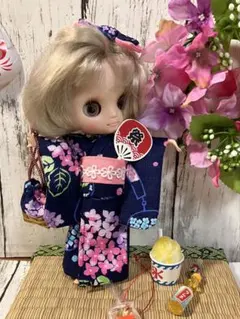 ミディブライス、アイシードールサイズ浴衣　紫陽花　紺色のサムネイル