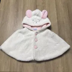 pom ponetteウサギ耳付きポンチョ　白　ピンク　中古　used
