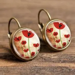 アンティーク調　花柄　ピアス　両耳用　レトロ　フラワー　赤　レッド　ぷっくり