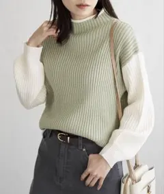 ikka 配色ワイドリブニットプルオーバー ミント Lサイズ