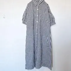 プロバドール　半袖チェック柄ロングワンピース　カジュアル　黒×白