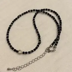 07 ハンドメイド ビーズネックレス ブラック系 ハート ホワイト シルバー