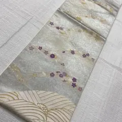 Y5747 波　桜　紅葉　松葉　袋帯 正絹 六通 訪問着 色無地　乳白色
