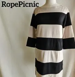 Rope Picnic ボーダー 七分袖 ワンピース 黒とベージュ 38
