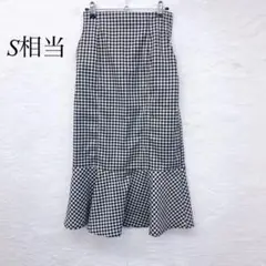 e5584 マーメイドロングスカート 黒白チェック S相当 ウエストゴム 裏地有