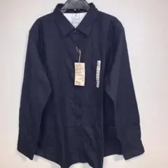 新品、無印、ダークネイビー、両面起毛フランネル、レギュラーカラー長袖シャツ