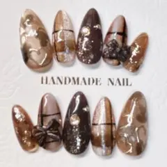 Briller_Nail ブラウン系 Wハート チェック柄ニュアンスネイルチップ