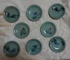 九谷 緑色の花柄皿 おまとめ8枚セット 約13.5㎝