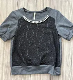 カットソー レース パール装飾 半袖トップス