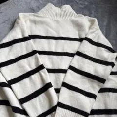 ホワイトブラックストライプタートルネックニットM