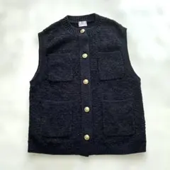 【美品】グリーンレーベルリラクシング ツイードライク ニットベスト 金ボタン 紺
