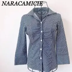 【美品】　ナラカミーチェ七分袖ストライプブラウス　シャツ　ネイビー　0 S