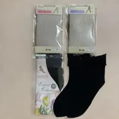 レース付きブラックソックス 2足、網タイツ2足22-24