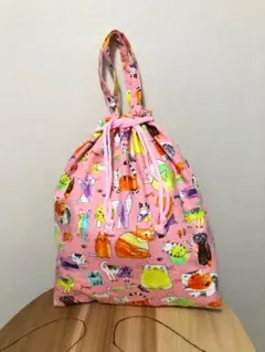 ねこだらけの着替え袋[231110]入園入学　ピンク　カラフル　巾着　猫