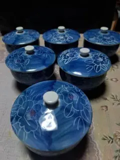 有田焼　清秀　ふたつき青色花柄陶器湯飲みセット 6個