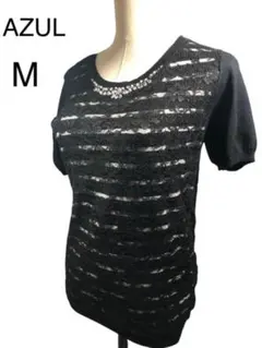 美品　AZU L ブラック系　UネックTシャツ　前面レース　首元ビジュー　M