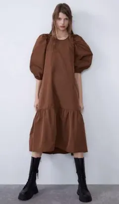 新品☆ZARA ザラ ボリュームミディ丈ワンピース ブラウン M