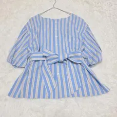 ​INED イネド 7号 ブラウス ストライプ パフスリーブ ウエストリボン 青