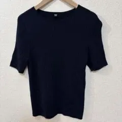 ユニクロ 3Dメリノリブクルーネックセーター ニット 半袖 ネイビー L